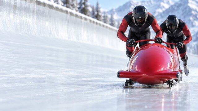 Two Athletes Pushing a Red Bobsleigh Along a Snowy Ice Track Start