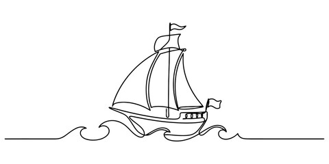 Sailing boat on wavy sea continuous line art sketch with black outline nautical theme for travel blog and maritime posters. © Radha