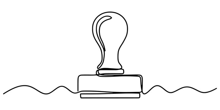 Rubber stamp hand tool continuous line art drawing office supplies design icon for validation approval and legal documents.