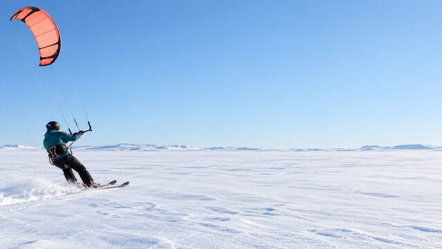 Teal Snowkite Skier Crossing Snow Beneath a Coral Kite in Clear Blue Sky
