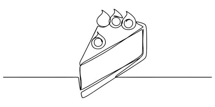 Slice of cake dessert outline illustration featuring minimalist black line drawing style for bakery menus and food designs.