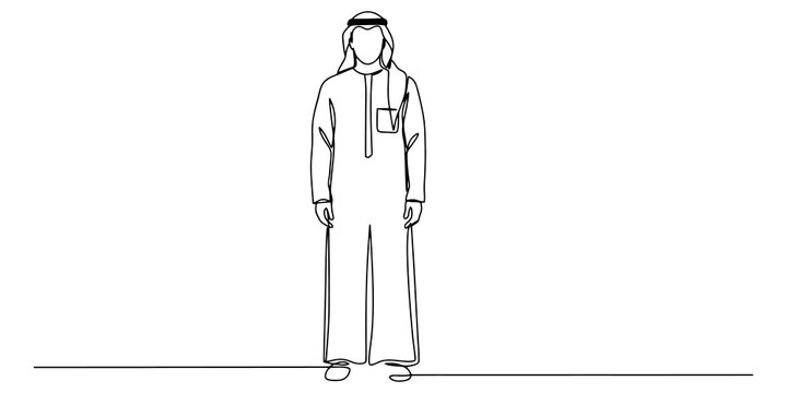Arabian man wearing traditional thobe and headscarf illustration as simple continuous line drawing for cultural portraits.
