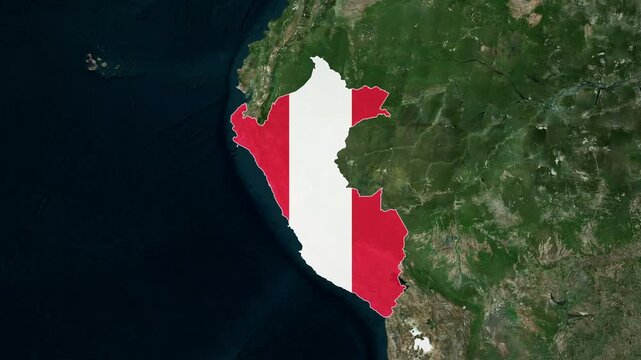 World map animation highlighting peru with national flag and satellite geography view
