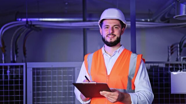 Confident technician in a hard hat and safety vest smiling while holding a clipboard and pen in a modern industrial server room, diligently performing inspection duties.