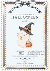 halloween greeting card with cute ghost wearing the black hat editable card, halloween greetings and invitations © Muhammad