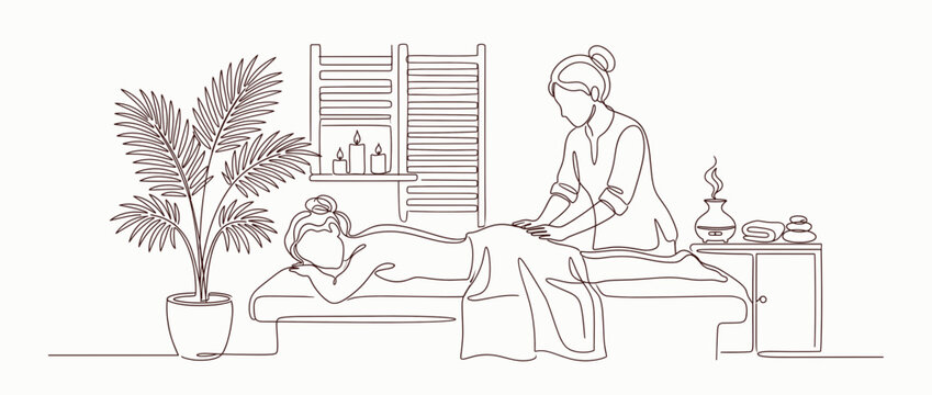 Woman giving foot massage to relaxed client. Spa treatment illustration. Foot, leg, hand, massage, relaxation. Minimalist line art for wellness posters, spa ads. Vector illustration.