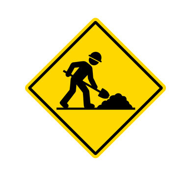 Road work ahead warning sign icon with work in progress symbol. Road maintenance and construction sign for traffic control, highway work zones and road safety