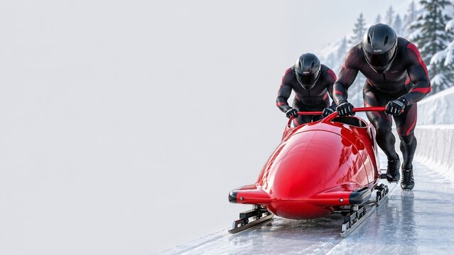 Two Black and Red Athletes Pushing a Glossy Bobsleigh on a Snowy Track