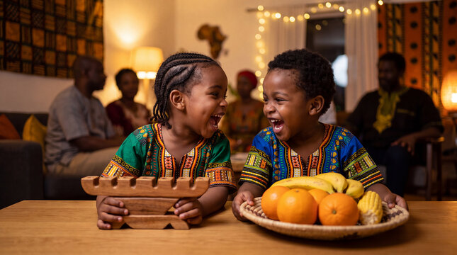 Mauritanian and Eritrean toddlers giggle while setting a Kwanzaa table in a warm family room for holiday marketing.