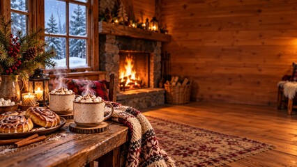 Naklejka premium Steaming Cocoa and Cinnamon Rolls Beside a Rustic Cabin Fireplace