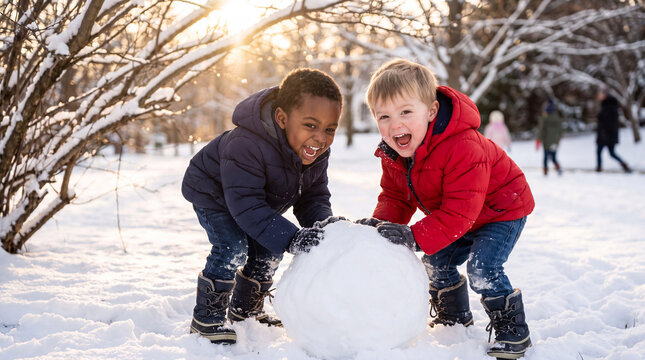 Toddlers in puffer jackets laugh while rolling a snowball in a snowy front yard for winter social media posts.