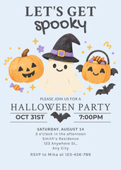 happy halloween card, happy halloween greetings card witj pumpkins and cute ghost wearing black long tail hat, halloween invitation card © Muhammad