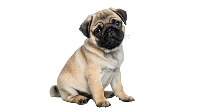 Cute small pug dog puppy pet domestic canine animal sitting isolated on transparent background