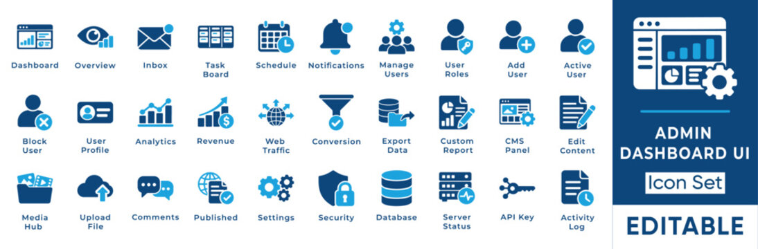 Admin dashboard UI solid icon set. Includes symbols for CMS Panel, User Roles, Web Traffic, and Task Board. Solid vector icons for backend management and software interface.