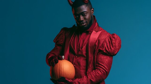Man in devil costume with horns holding small pumpkin against blue background.