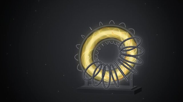 Glowing yellow tokamak torus with magnetic coils seamless loop