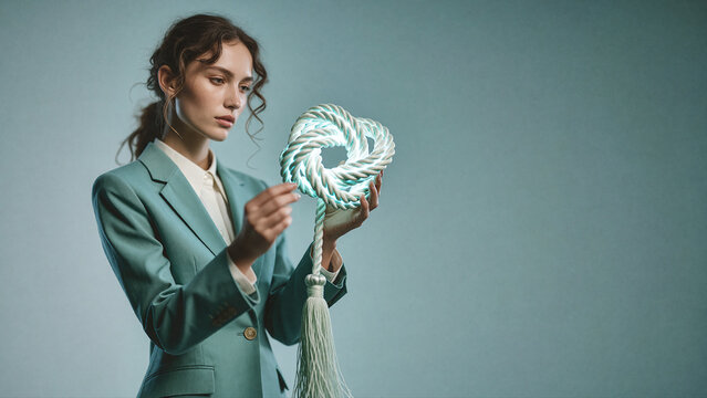 Woman in teal blazer holds an illuminated braided knot sculpture that glows with soft white light against a muted blue background. Her fingers gently touch the textured cordage.