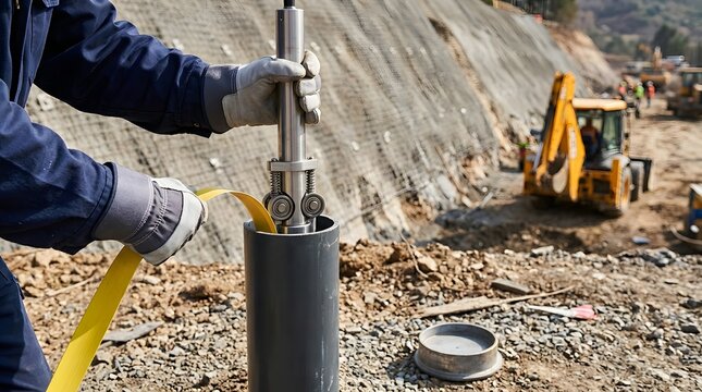 Gloved worker lowering inclinometer probe into borehole pipe at construction site   