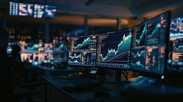 A sophisticated trader's multi monitor workstation displaying dynamic green and blue stock market growth charts and financial data analytics in a dark modern office.
