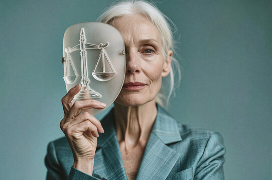 Woman with white hair holds a frosted glass mask etched with scales of justice over one eye against a teal backdrop. Soft side lighting highlights skin texture and matte surface.