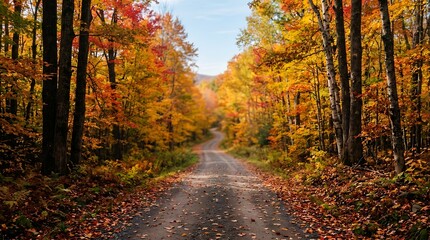 Fototapeta premium Autumn forest landscape with gravel road winding through colorful