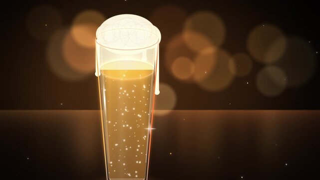 Close up beer with foam head and rising bubbles on amber bokeh