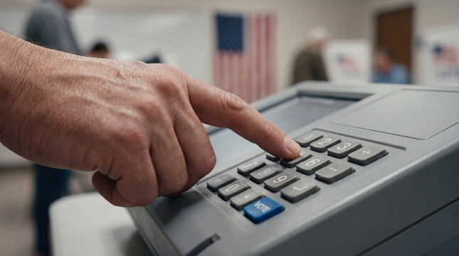 Close-up of a person's hand pressing a button on an electronic voting machine at a polling station during an election with the American flag in the background.