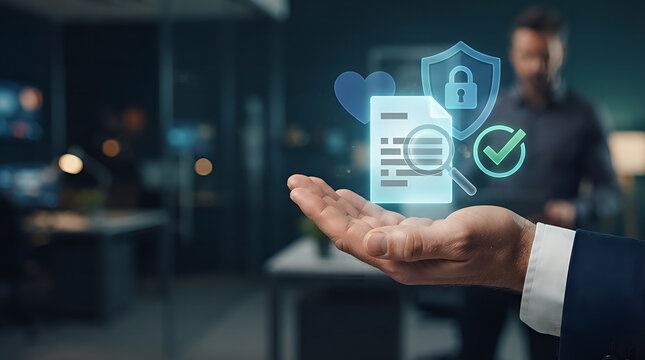 Professional hand holding floating digital document security and compliance holographic icons in modern office