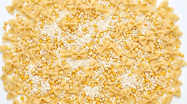 Full frame flat lay pattern background of dry farfalle bow tie pasta mixed with white rice grains and yellow corn kernels isolated on transparent background. 
