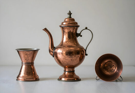 Hospitality and luxury lifestyle, vintage copper coffee pot with matching cups for traditional beverage service in a rustic kitchen or cafe setting