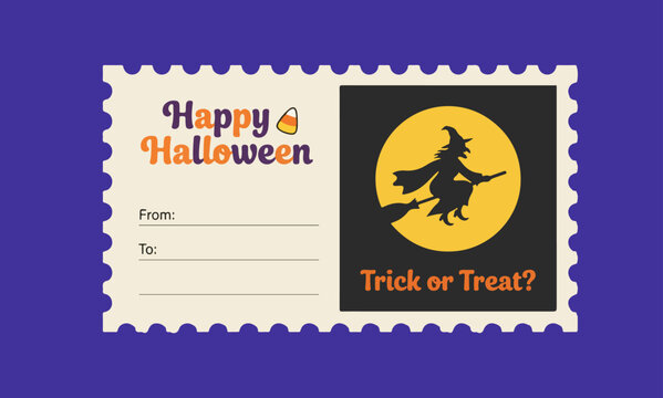 Halloween greeting card with witch silhouette and candy corn