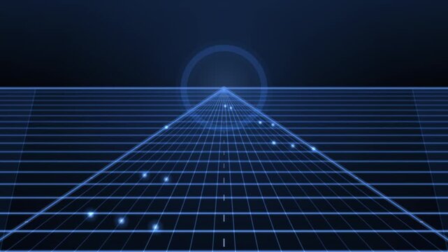 Blue digital grid lines extend into the distance in a retro futuristic loop render