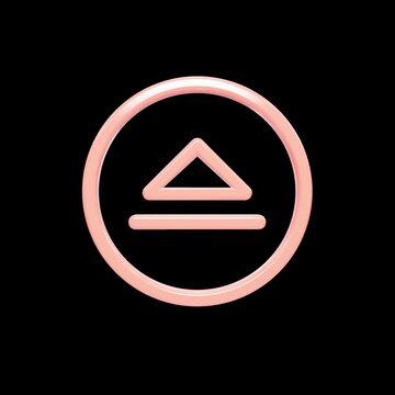 Four glowing pink eject button icons arranged in a grid pattern against a dark background, showcasing clean vector motion graphics and modern interface elements for digital media or tech interfaces.