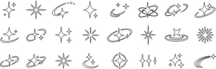 Fototapeta premium Sparkle stars set, collection and group of shining magic icons, twinkle, glitter, glow, sparkle, celestial decorative symbols in line vector style, radiant ornament burst