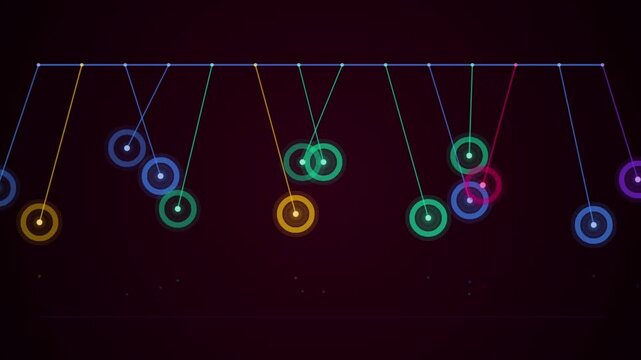 Colorful glowing pendulum render loop of swinging neon discs on dark backdrop
