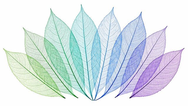 Multiple colorful leaf skeletons arranged in a fan shape