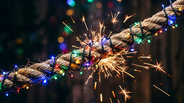 Dynamic background vector design with sparking electrical overload on a holiday string light rope, illustrating critical failure for marketing logo concepts and product design