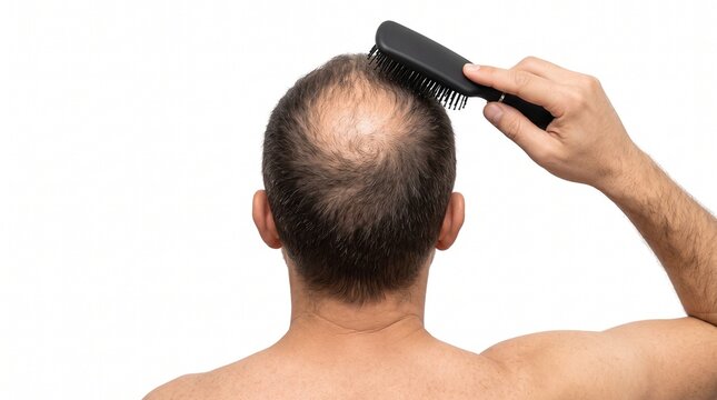 Man combing thinning hair on his head showing early signs of baldness on white background