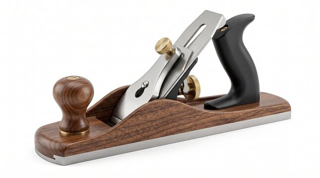Professional woodworking hand plane tool with wooden body and metal blade on white background