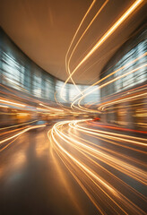 Fototapeta premium Urban mobility and transportation infrastructure, light trails from traffic in a modern city tunnel at night with motion blur and speed
