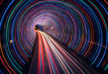 Fototapeta premium Future technology and digital transformation, high speed motion blur of light trails in a futuristic tunnel for connectivity and innovation concepts