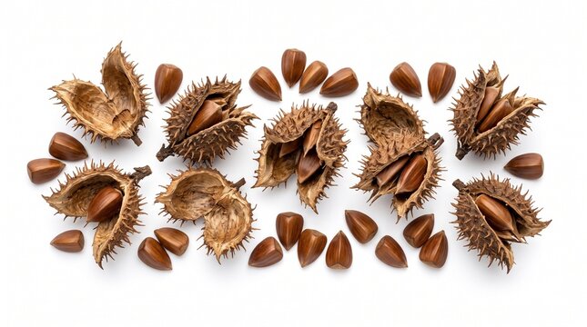 Beechnut shells and nuts arranged in a flat lay composition on white background