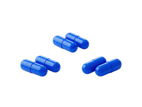 Bright blue capsule pills arranged in three separate groups on transparent background transparent background