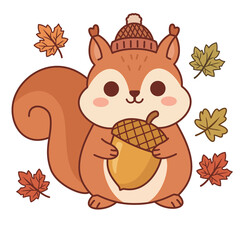 Cute autumn squirrel wearing a beanie holding an acorn with fall leaves for halloween © Solly Gallery