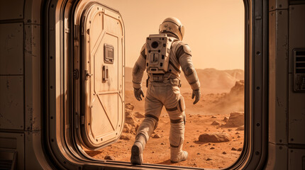 Fototapeta premium Interplanetary explorer stepping out of habitat airlock onto red desert planet surface. Concept of future space mission and colonization on Mars-like environment.