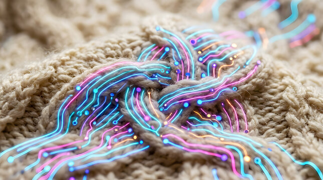 Abstract background design vector for marketing and logo concepts, portraying glowing digital patterns woven into a warm knitted texture. A modern visual design