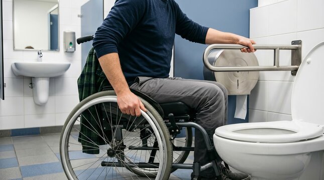 Man in wheelchair using accessible public restroom toilet with grab bar support