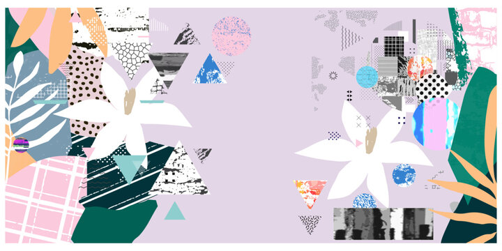 Abstract mixed media collage background with handmade torn paper textures geometric shapes and botanical line art