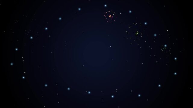 Retro pixel art fireworks exploding over starry dark blue sky background animation loop