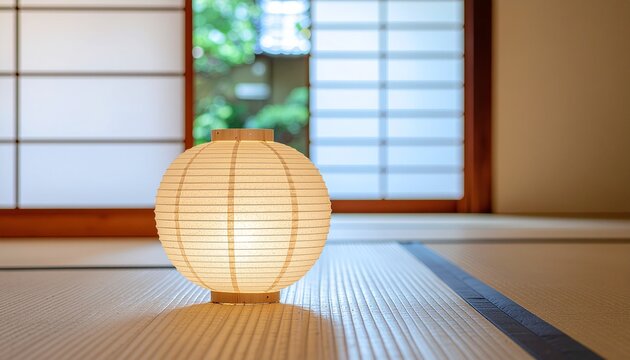 Glowing round Japanese paper lantern on a tatami floor in front of shoji screens and a garden view